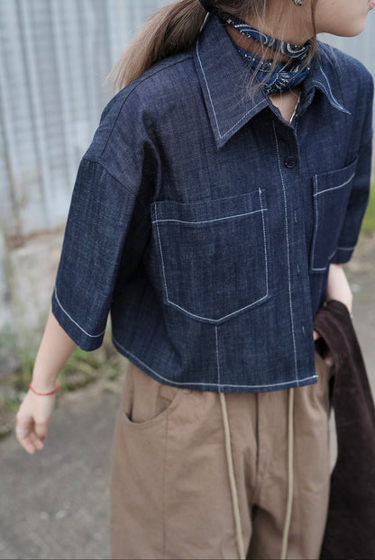 MZ974 DENIM POCKET CROPPED SHIRT
