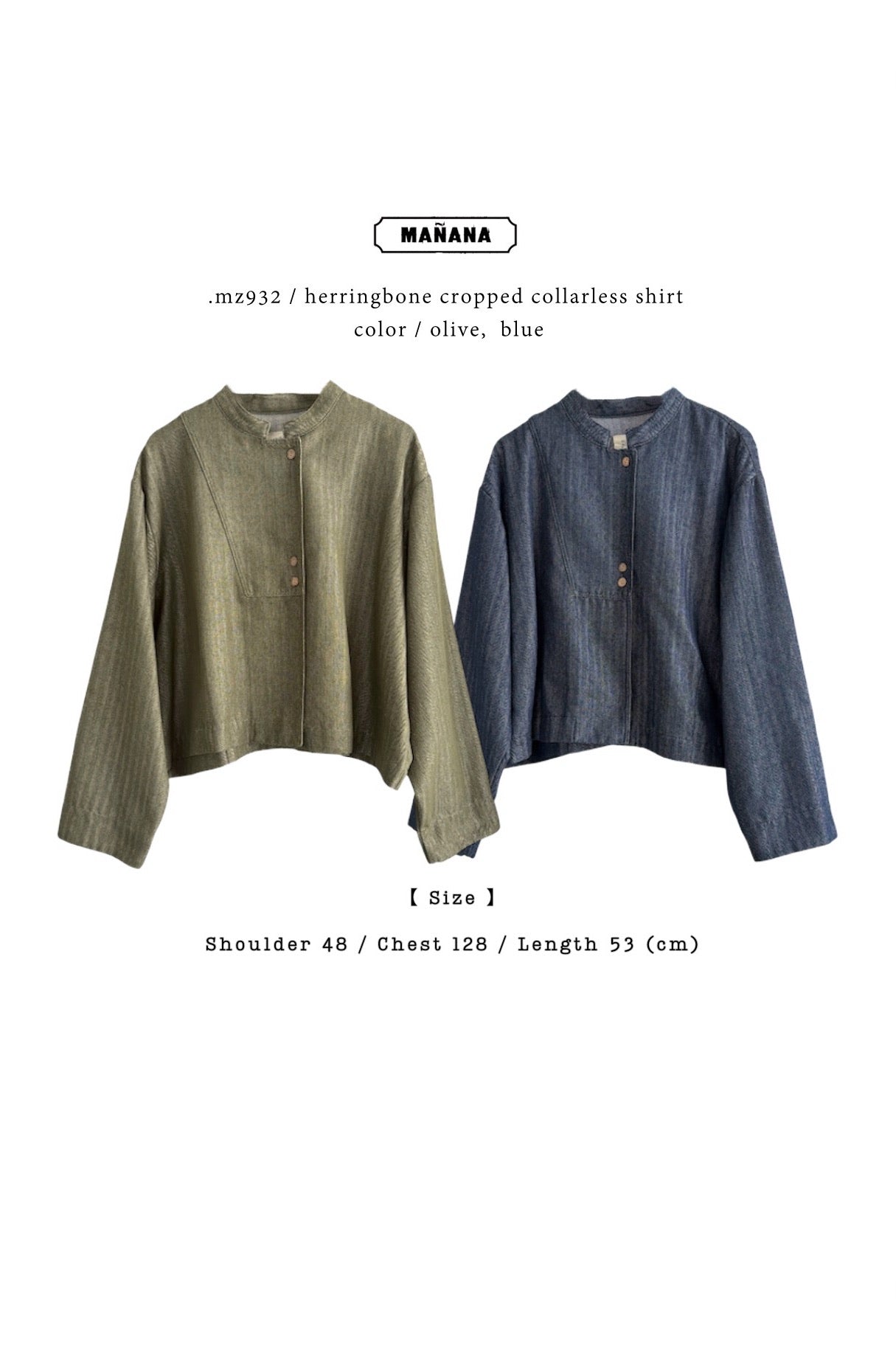 MZ932 HERRINGBONE CROPPED COLLARLESS SHIRT