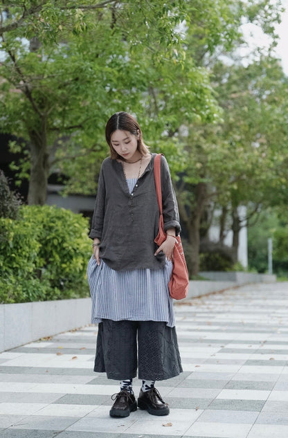 MZ998 LINEN HALF BUTTON TOP
