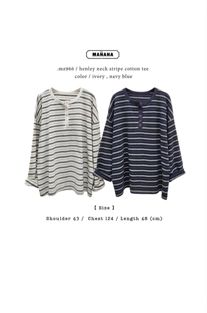 MZ966 HENLEY NECK STRIPE COTTON TEE