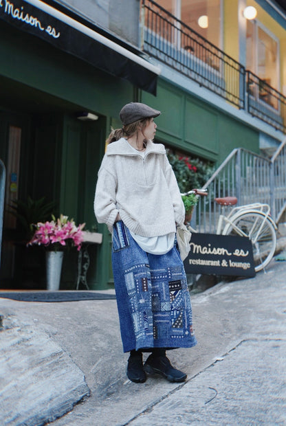NA463 INDIGO SASHIKO PATCHWORK SKIRT
