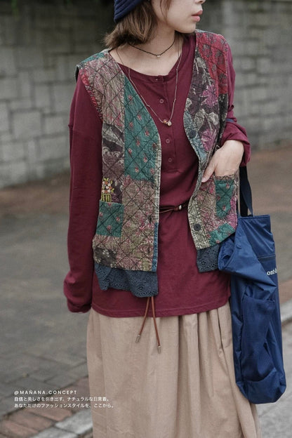 MB055 PATCHWORK DESIGN VEST (GREEN-MIX)