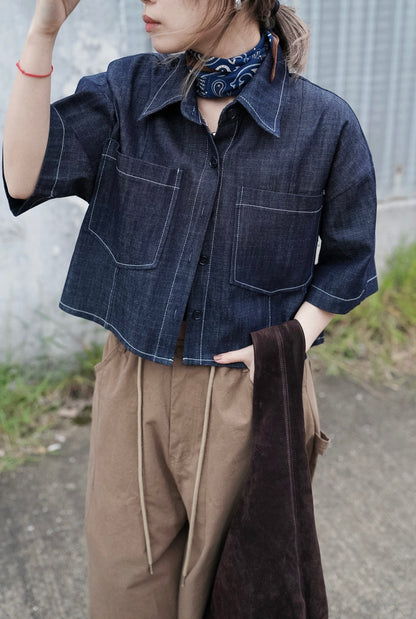 MZ974 DENIM POCKET CROPPED SHIRT