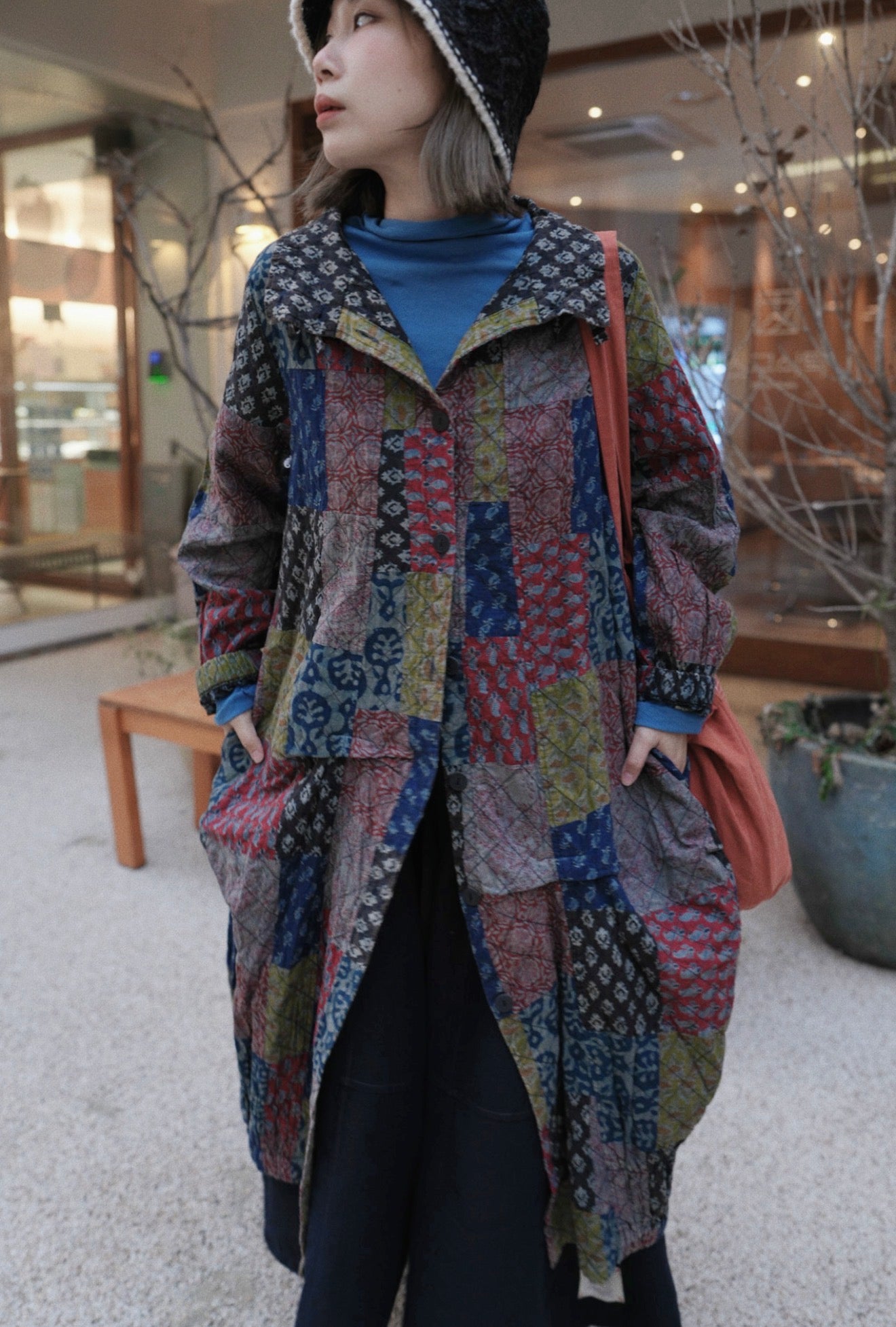 MZ862 BOTTLE-NECK PATCHWORK LONG COAT