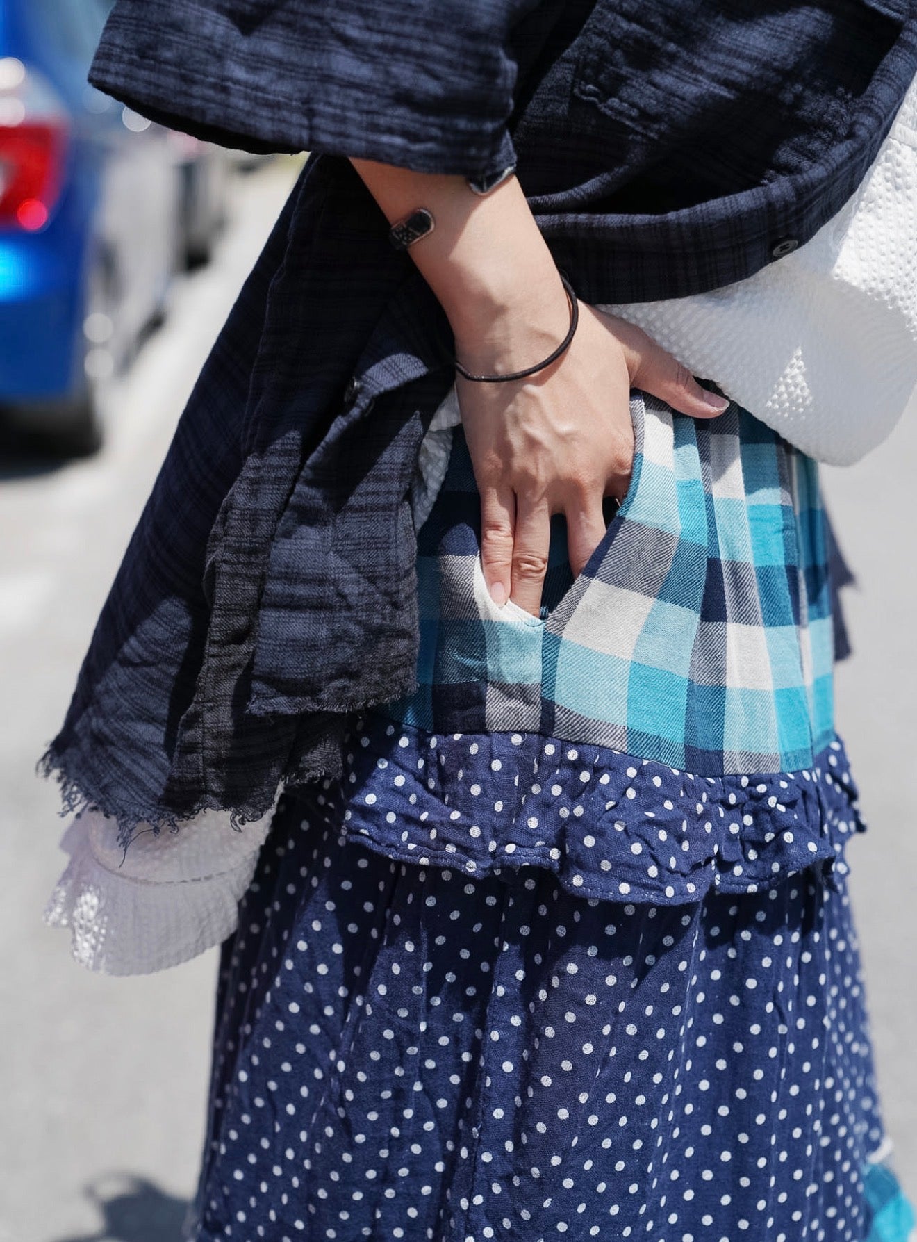 CB101 PATCHWORK PLAID & POLKA DOT MAXI SKIRT