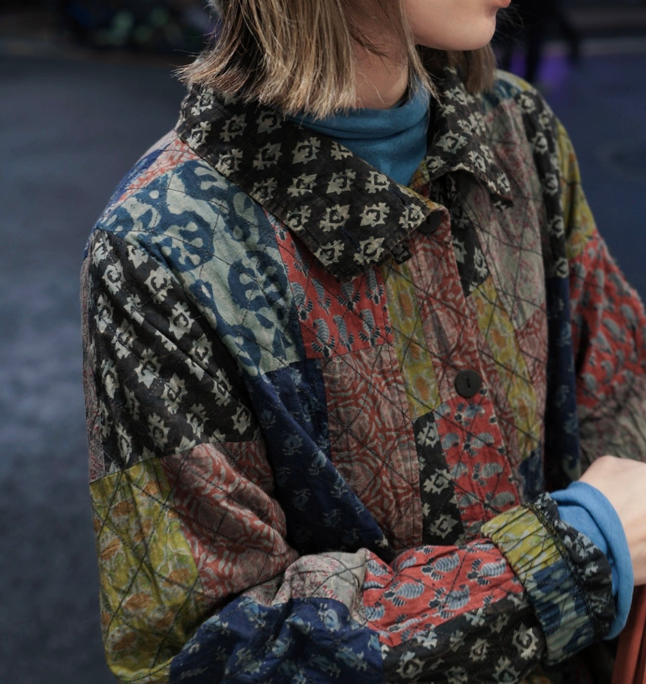 MZ862 BOTTLE-NECK PATCHWORK LONG COAT