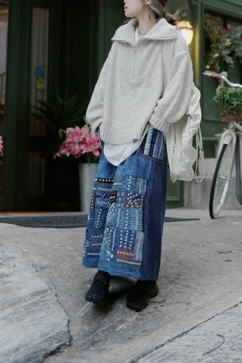 NA463 INDIGO SASHIKO PATCHWORK SKIRT