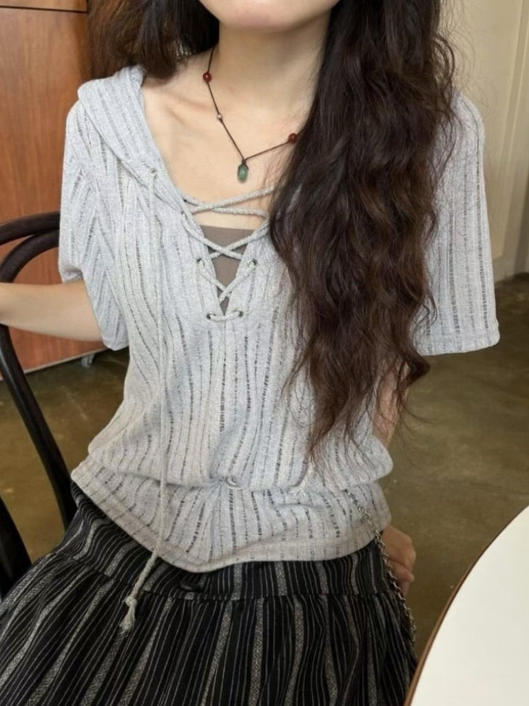 MZ834 EYELET LACE UP KNIT HOODIE