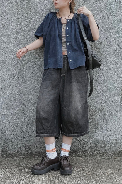 CB128 3D-CUT WASHED DENIM SHORTS