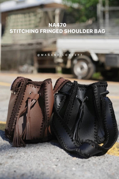 NA470 STITCHING FRINGED SHOULDER BAG