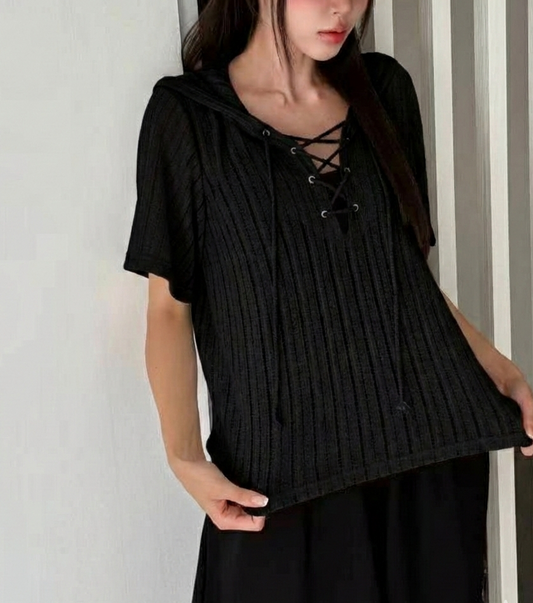 MZ834 EYELET LACE UP KNIT HOODIE