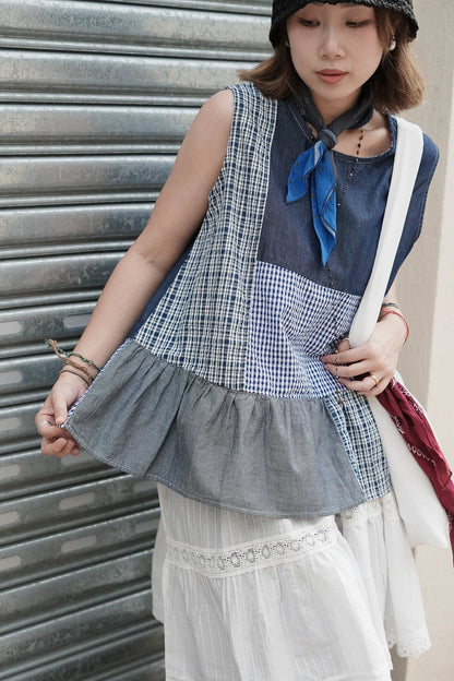 CB138 PATCHWORK DENIM TOP