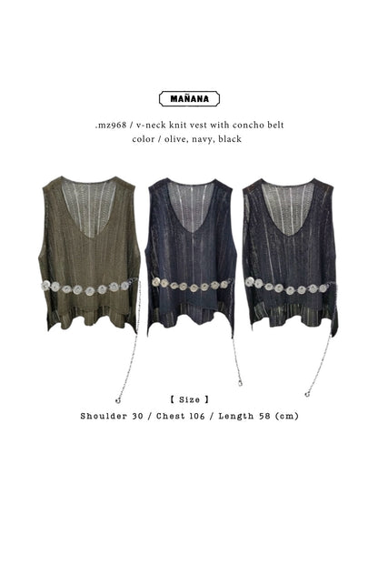 MZ968 V-NECK KNIT VEST WITH CONCHO BELT