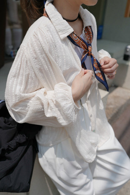 MZ779 ITALY MADE SHEER CRINKLE STRIPE SHIRT
