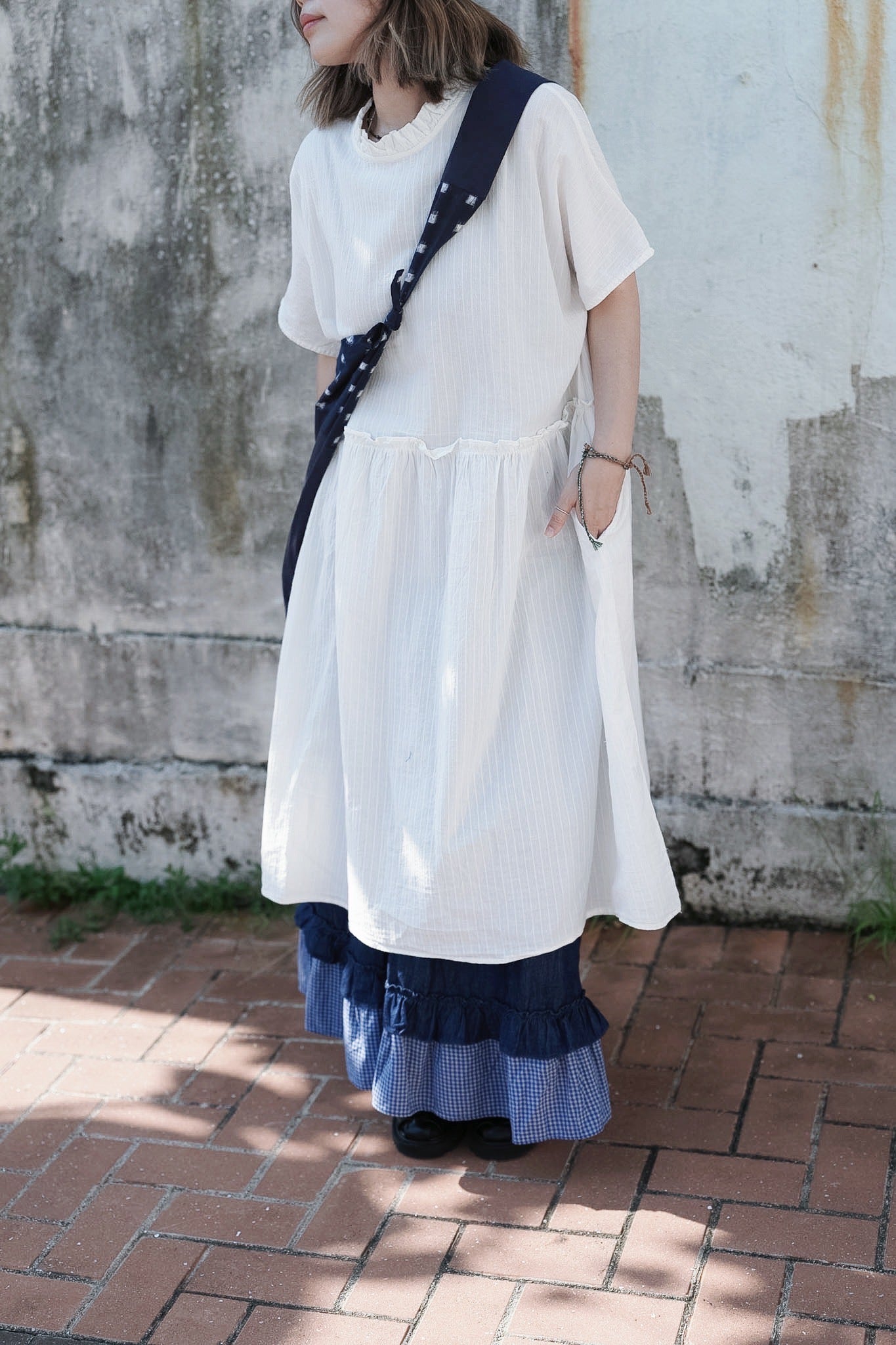 CB128 DOBBY STRIPE RUFFLE ONE PIECE DRESS