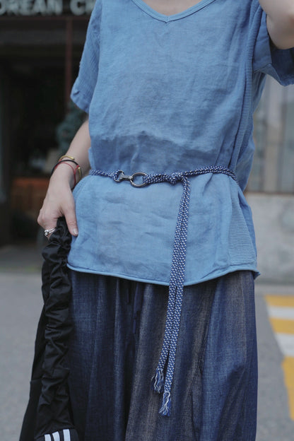 MZ780 ITALY MADE LINEN V-NECK TOP