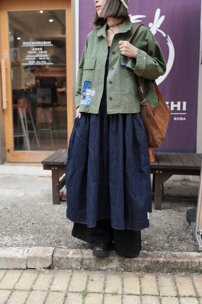 MZ850 / PATCHED DENIM PLEATED DRESS