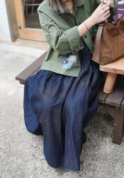 MZ850 / PATCHED DENIM PLEATED DRESS