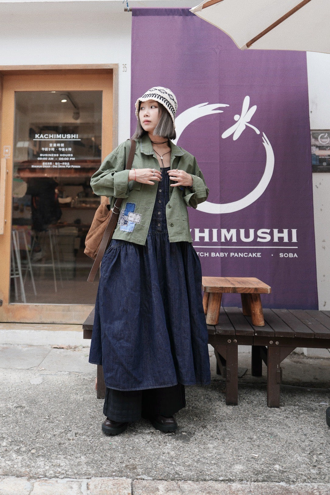 MZ850 / PATCHED DENIM PLEATED DRESS