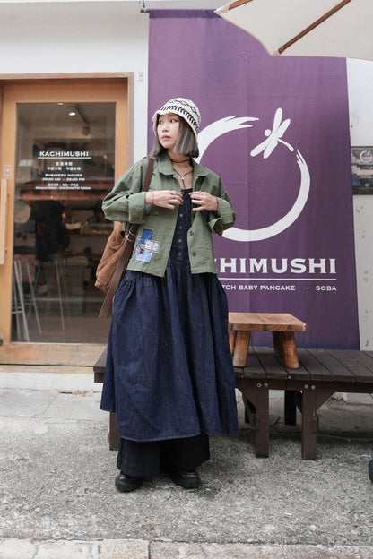 MZ850 / PATCHED DENIM PLEATED DRESS