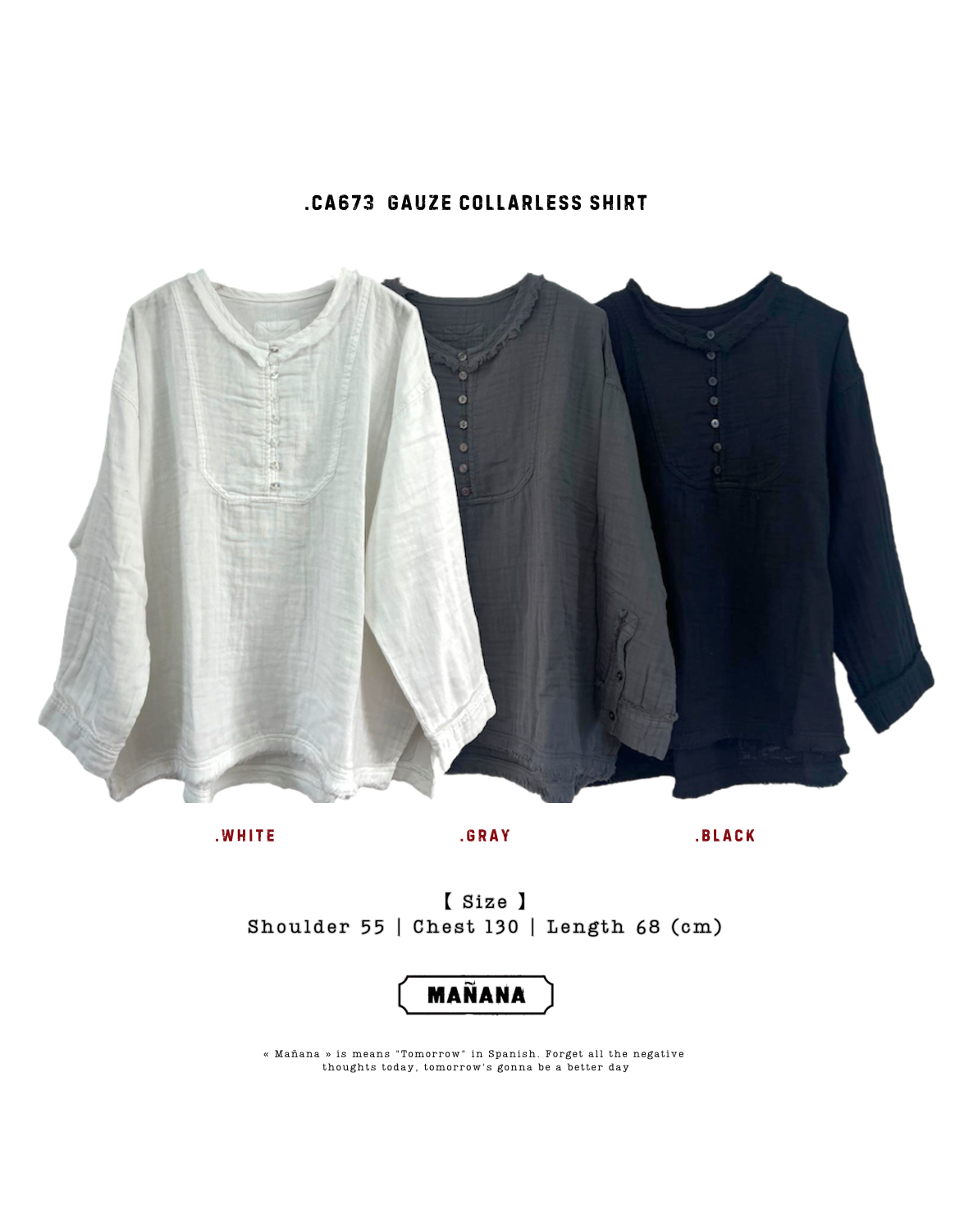 CA673 GAUZE COLLARLESS SHIRT