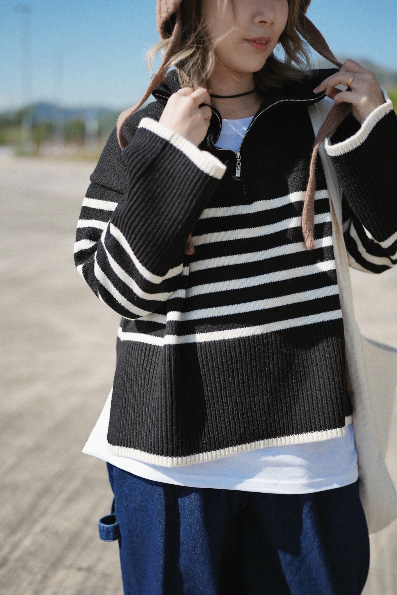 MZ575 STRIPED WOOL HALF ZIP PULLOVER