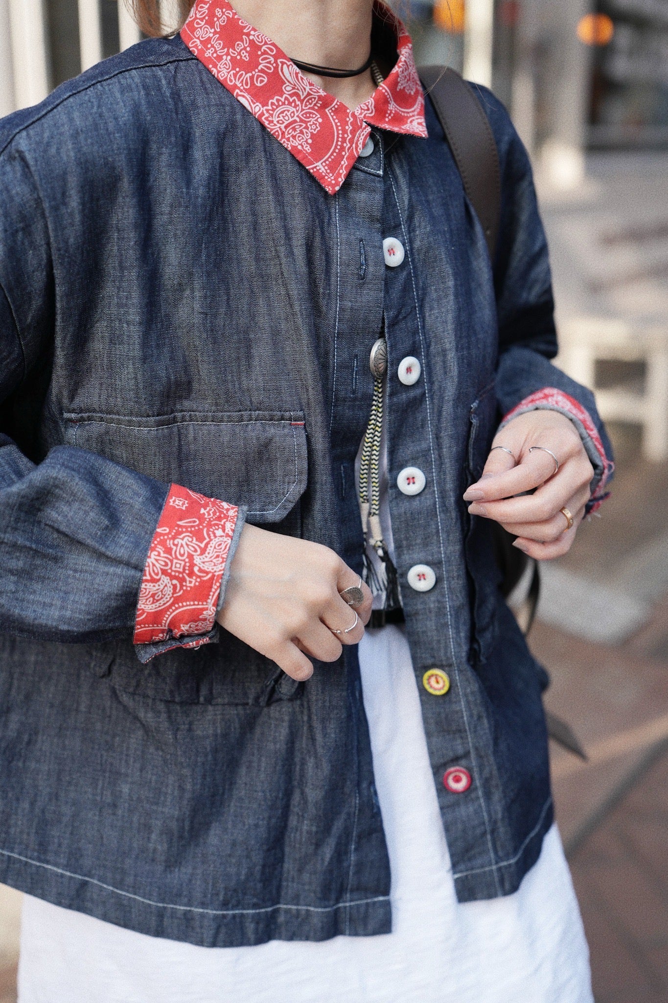MZ724 CONTRASTED PATTERN DENIM LINEN SHIRT