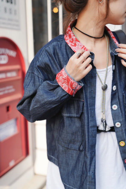 MZ724 CONTRASTED PATTERN DENIM LINEN SHIRT