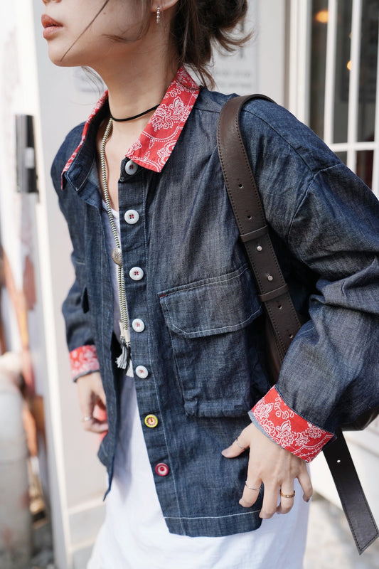 MZ724 CONTRASTED PATTERN DENIM LINEN SHIRT