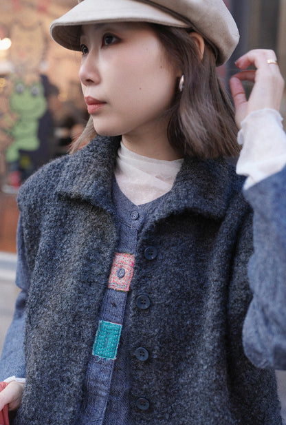 MZ867 COLLARLESS PATCHED BLUE SHIRT