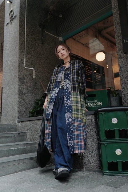 MZ726 PLAID PATCHWORK WITH BANDANA COLLAR SHIRT DRESS