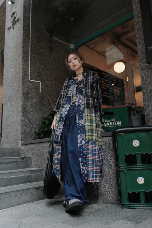 MZ726 PLAID PATCHWORK WITH BANDANA COLLAR SHIRT DRESS
