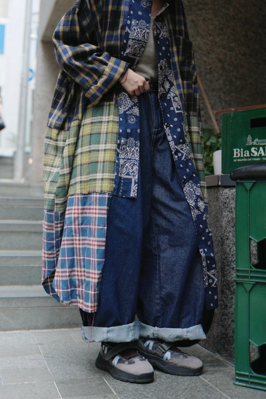 MZ726 PLAID PATCHWORK WITH BANDANA COLLAR SHIRT DRESS
