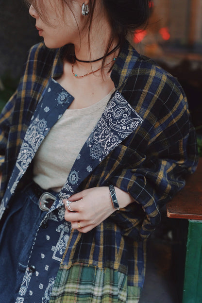 MZ726 PLAID PATCHWORK WITH BANDANA COLLAR SHIRT DRESS
