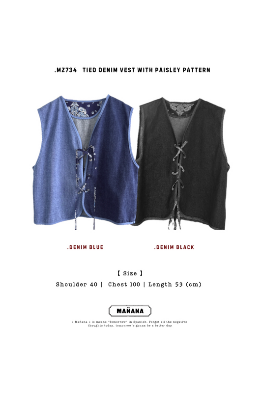 MZ734 TIED DENIM VEST WITH PAISLEY PATTERN