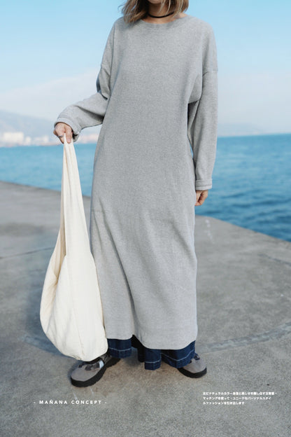 MZ595 DROP-SHOULDER KNITTED ONE PIECE DRESS