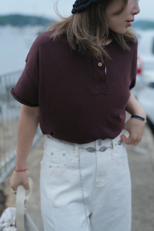 MZ739 100% NATURAL COTTON HENLEY NECK TOP