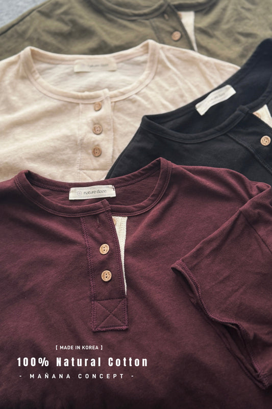 MZ739 100% NATURAL COTTON HENLEY NECK TOP 【 2件減-$20, 4件減-$50 】
