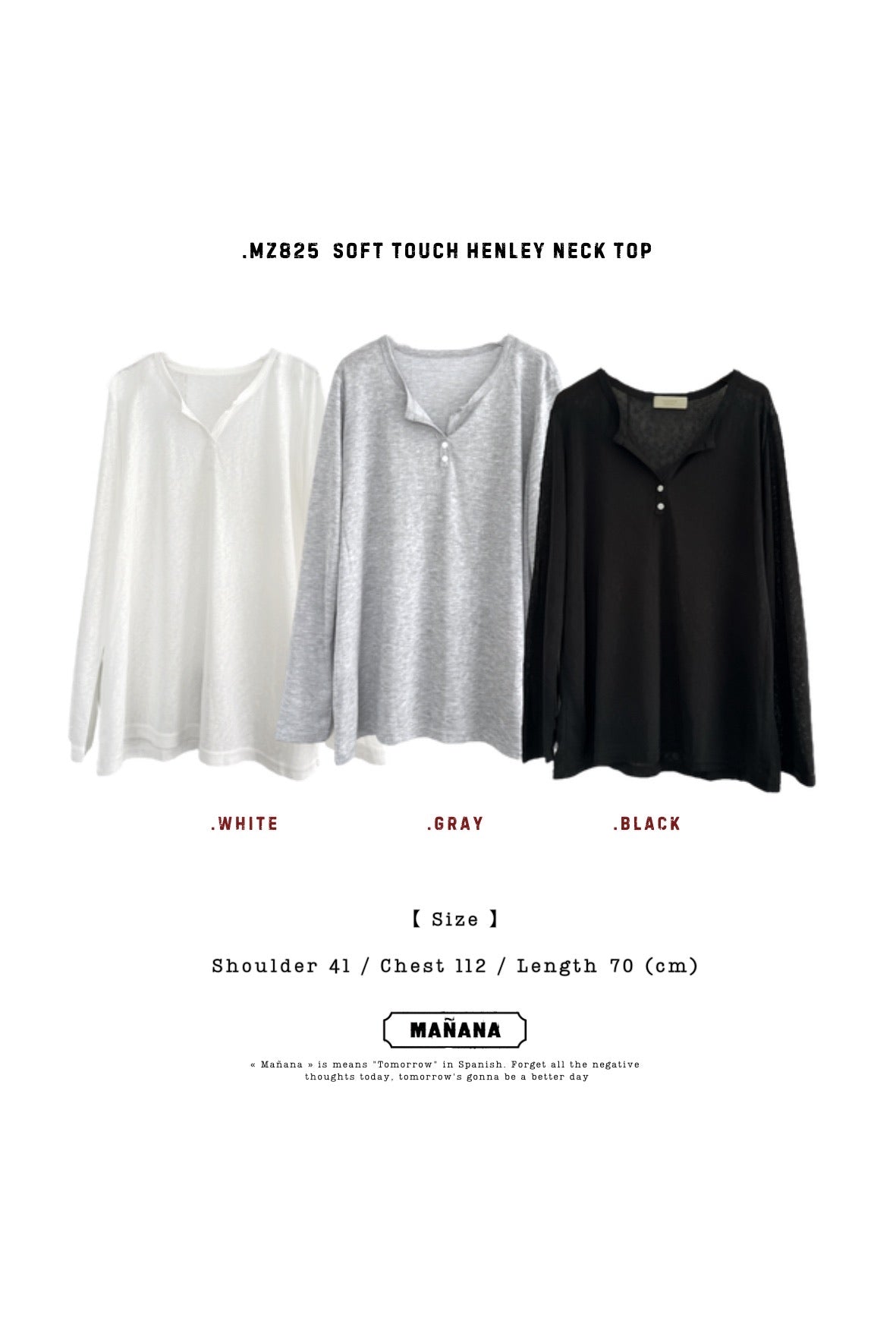 MZ825 SOFT TOUCH HENLEY NECK TOP
