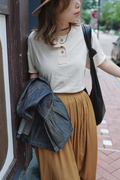 MZ739 100% NATURAL COTTON HENLEY NECK TOP 【 2件減-$20, 4件減-$50 】