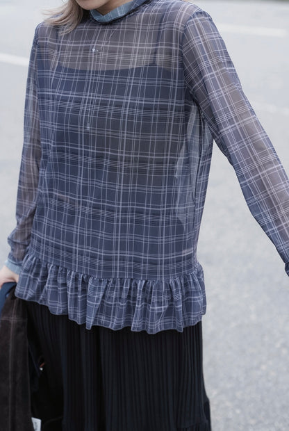 MZ969 SHEER PLAID RUFFLE TOP
