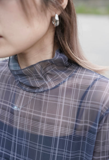 MZ969 SHEER PLAID RUFFLE TOP