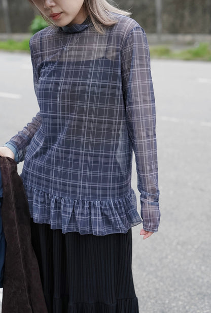 MZ969 SHEER PLAID RUFFLE TOP