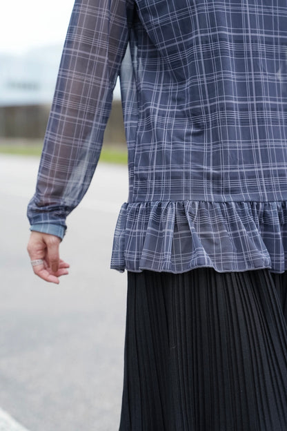 MZ969 SHEER PLAID RUFFLE TOP
