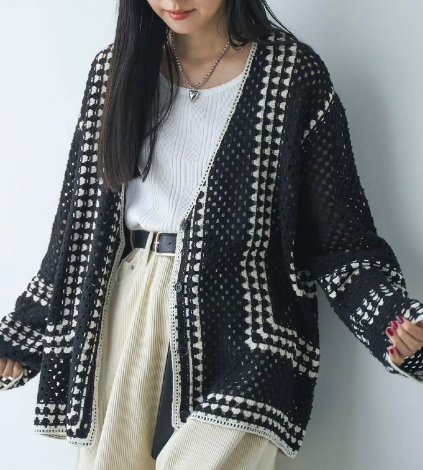 NA435 CROCHET V-NECK CARDIGAN