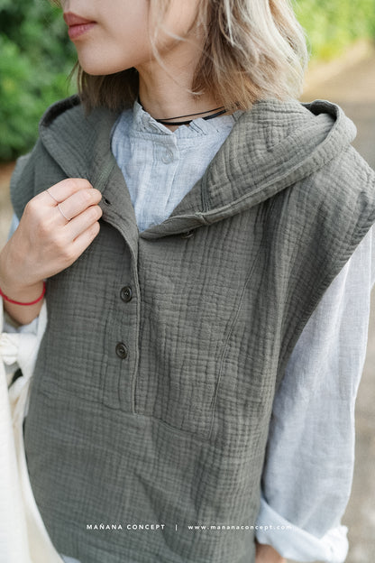 CA664 RUFFLE NECK DOUBLE CLOTH SHIRT