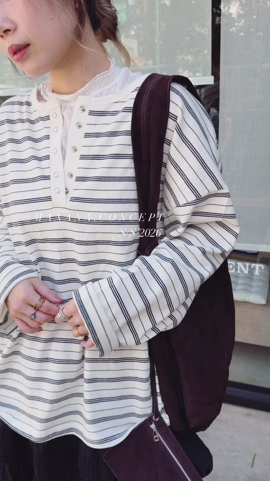 MZ966 HENLEY NECK STRIPE COTTON TEE