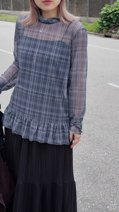 MZ969 SHEER PLAID RUFFLE TOP